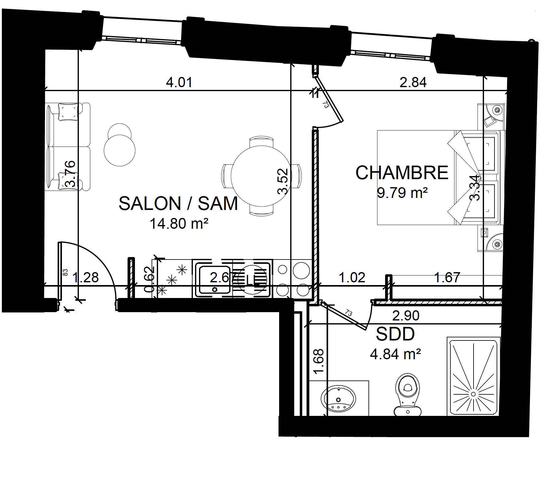 Plan du T2 commercial Nord — R+1 · Les Jardins de Sade
