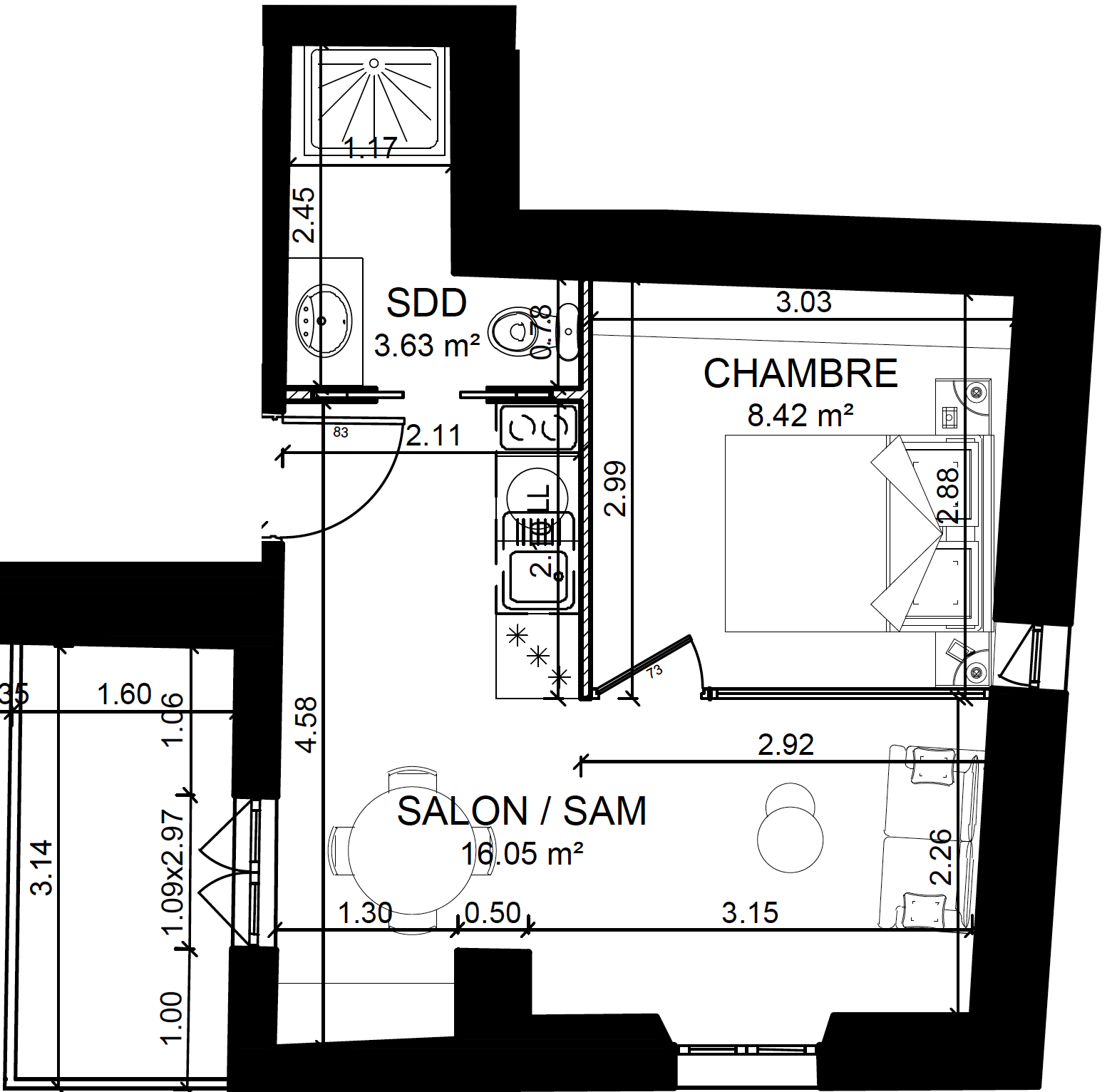 Plan du T2 commercial Sud — R+1 · Les Jardins de Sade