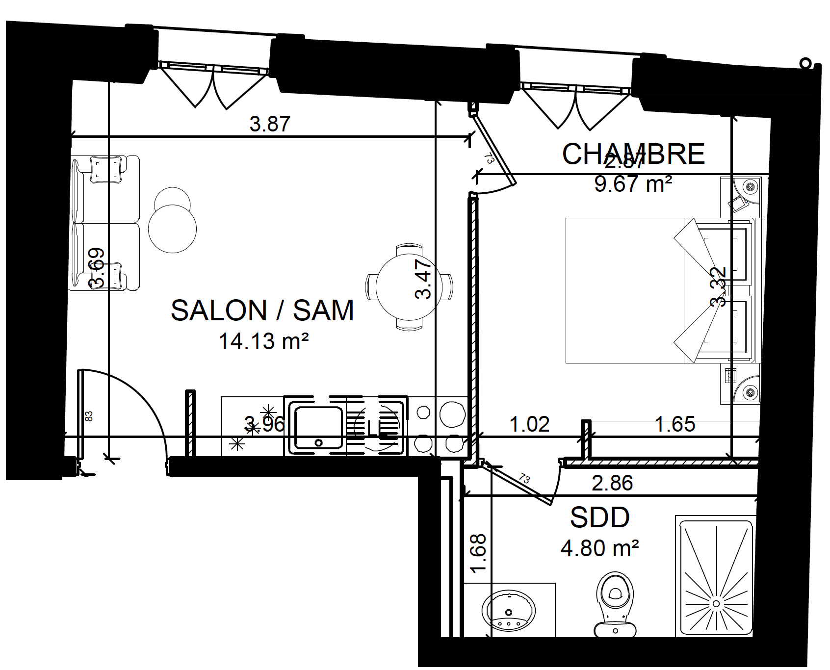 Plan du T2 commercial Nord — R+2 · Les Jardins de Sade