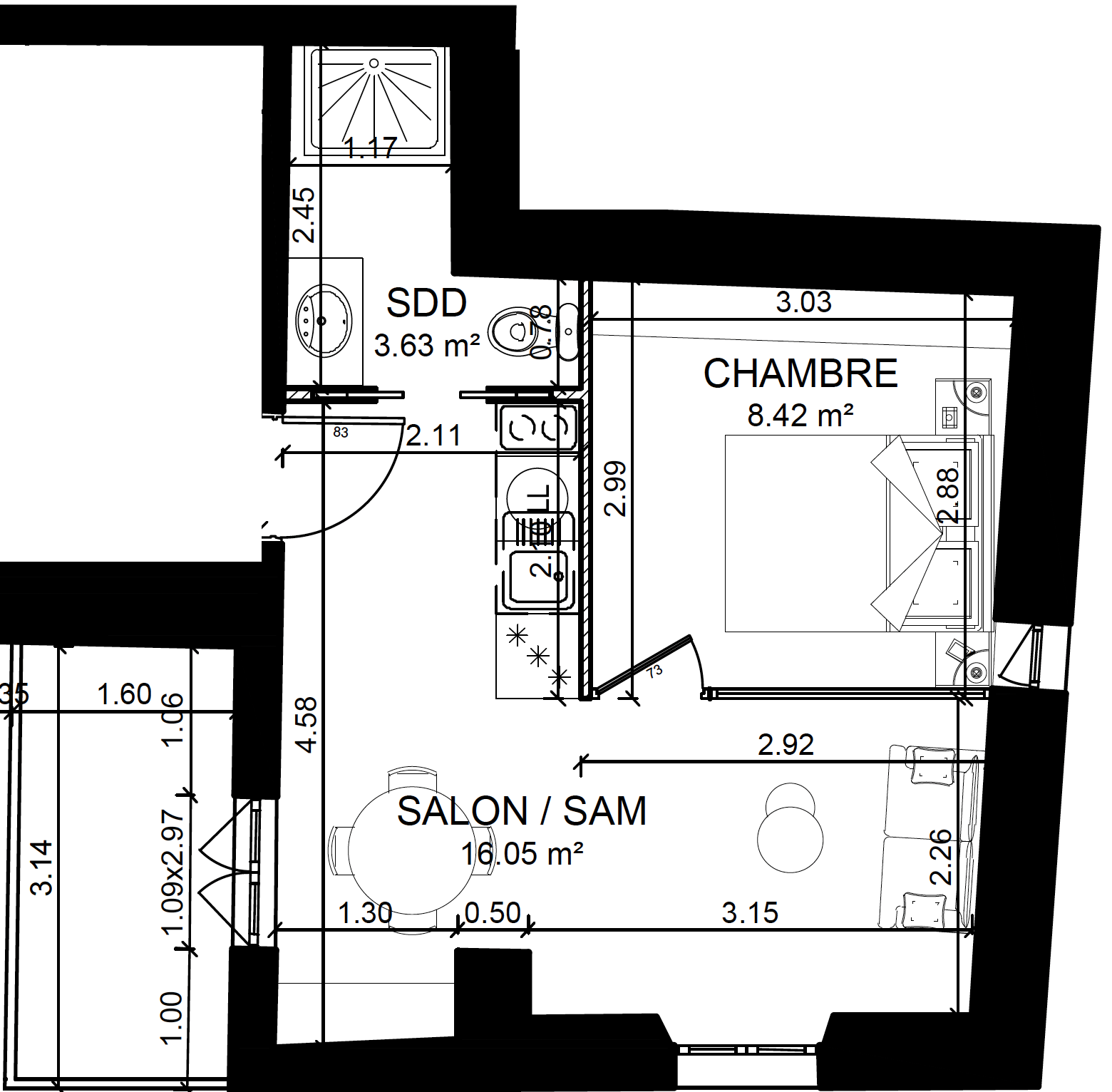 Plan du T2 commercial Sud — R+2 · Les Jardins de Sade